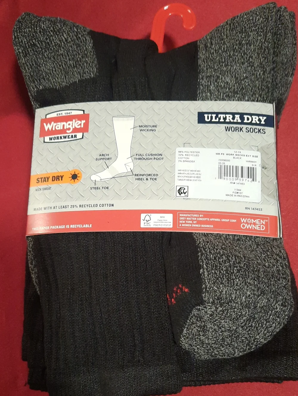 Wrangler Ultra Dry Crew Work Socks - 6 Pack Shoe Size 12-15 For Steel Toe